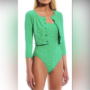 NWT ANTONIO MELANI pearl embellished green set one piece large swimsuit swim